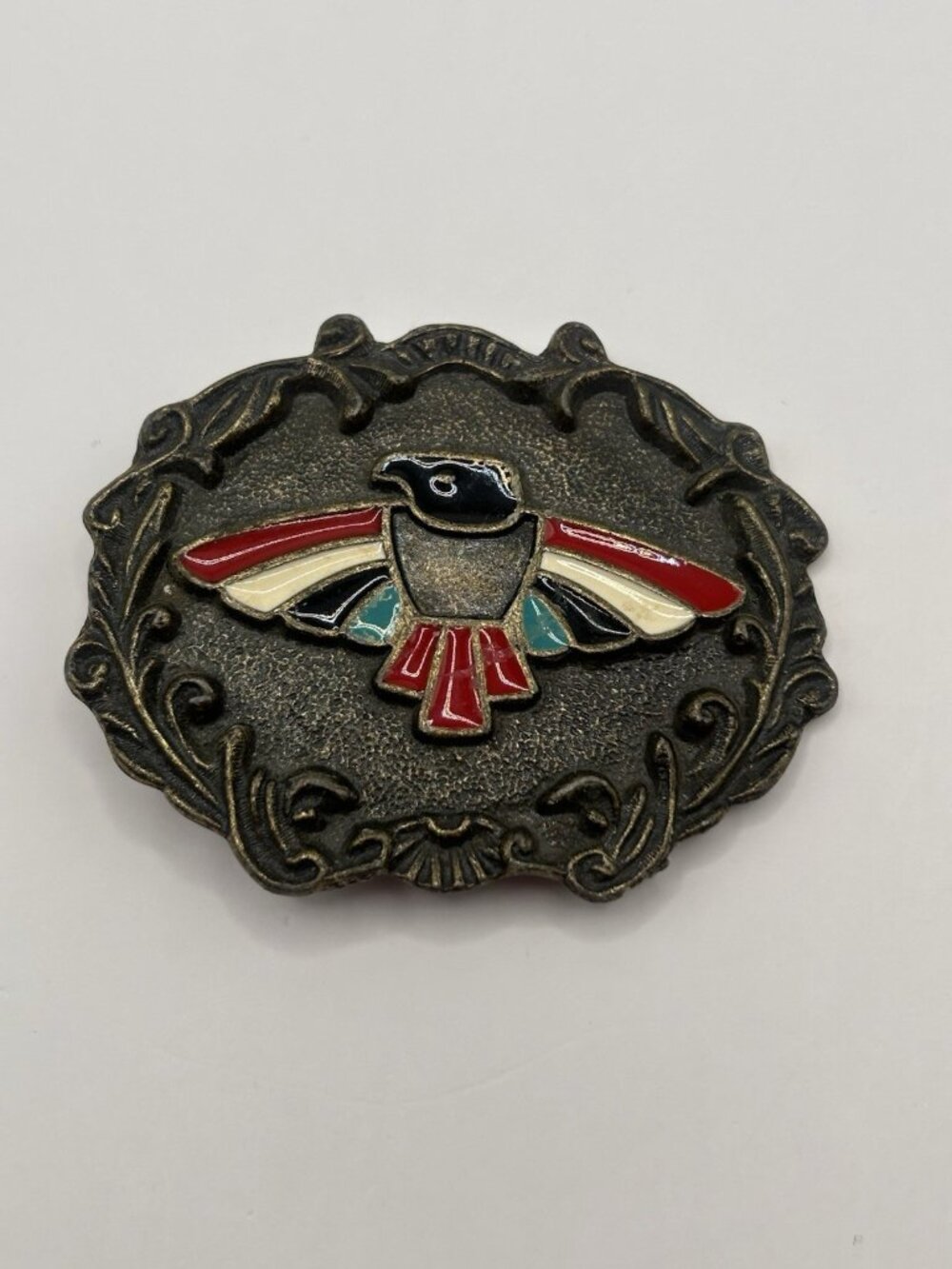 Vintage Thunderbird Belt Buckle Enamel Brass Bronze Tone Western Southwest
